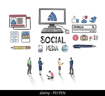 Social media icons with business people vector against white background Stock Vector