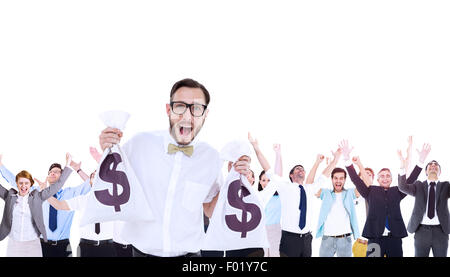 Composite image of geeky businessman holding money bags Stock Photo