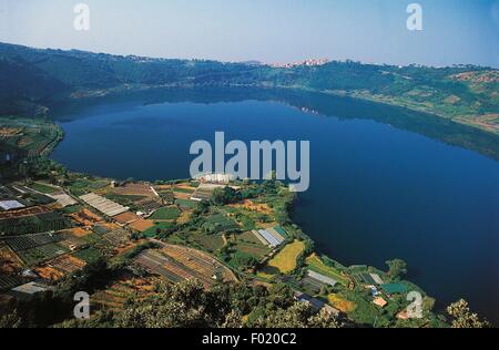 View of Lake Nemi, Genzano di Roma in the background, Lazio, Italy. Stock Photo