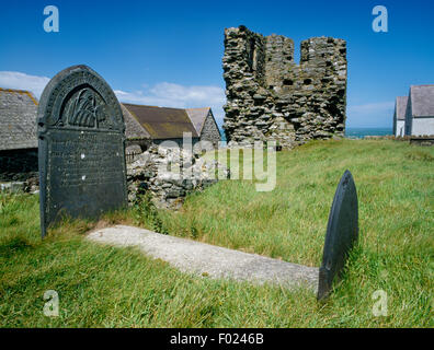 Graveyard & ruined tower of St Mary's Abbey at N of Bardsey Island, Gwynedd. Founded by 1200 on traditional site of a C6th Celtic monastery. Stock Photo