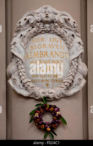 Memorial plaque for the painter Rembrandt van Rijn, Protestant Church Westerkerk, Amsterdam, Province of North Holland Stock Photo