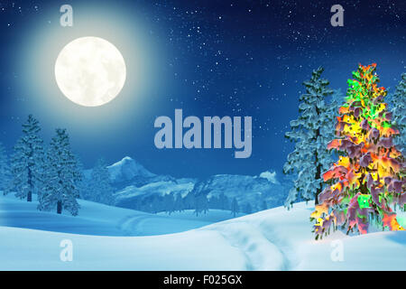 A moonlit snowy Christmas landscape at night under a full moon. The trees are covered in snow. Stock Photo