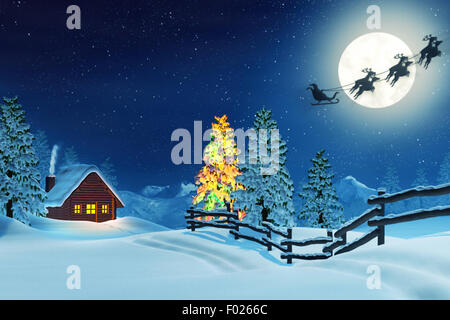 A cabin in a moonlit snowy Christmas landscape at night. The trees are covered in snow. Stock Photo