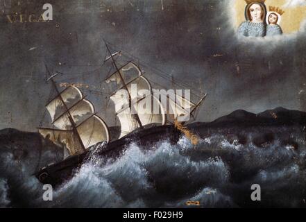 Sailing ship on a stormy sea, seafaring ex voto, Italy.
