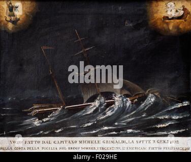 Sailing ship on a stormy sea, seafaring ex voto, Italy.