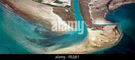 Aerial view of the Isonzo river's mouth - Regional Nature Reserve of the Foce dell'Isonzo, Friuli Venezia Giulia region, Italy. Stock Photo