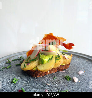 Rye bread open sandwich with new potatoes Stock Photo