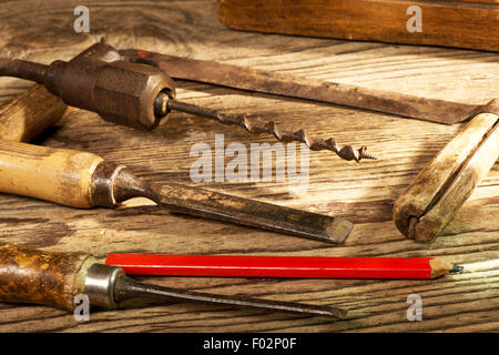 still life with old tools in the workroom Stock Photo