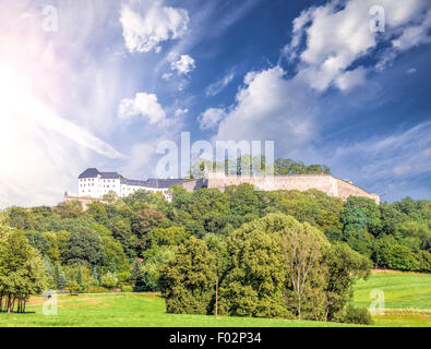 Summer landscape with fortress Koenigstein, Saxon Switzerland, Germany. Stock Photo