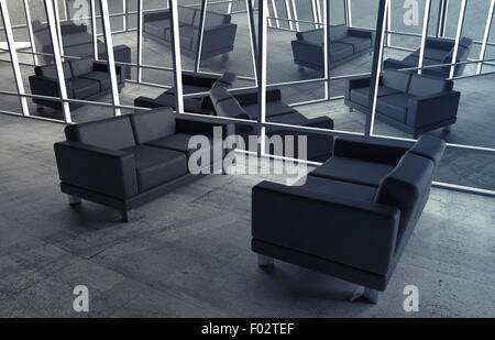 Abstract surreal office interior with concrete floor and black leather sofas, 3d illustration Stock Photo