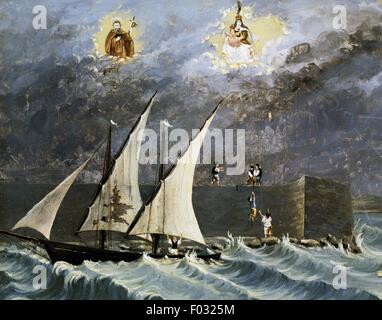 Sailing ship on a stormy sea, ex voto, Italy, Portosalvo church, Torre del Greco, Campania, Italy, 19th century. Stock Photo