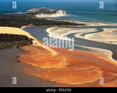 Effects of low tide on the sandy coast near Gladstone, Great Barrier Reef (UNESCO World Heritage List, 1981), Queensland, Australia. Aerial view. Stock Photo