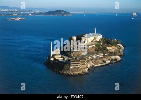 Aerial view of Alcatraz Island with The Rock, maximum security federal penitentiary from 1934 to 1963 - San Francisco Bay, California, United States of America Stock Photo