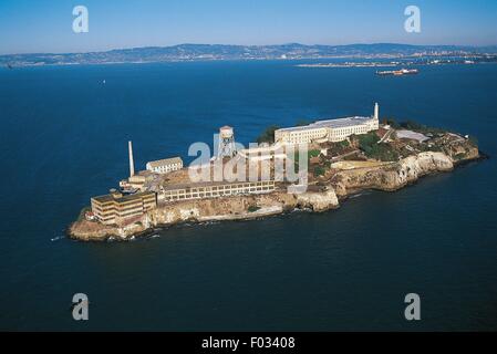 Aerial view of Alcatraz Island with The Rock, maximum security federal penitentiary from 1934 to 1963 - San Francisco Bay, California, United States of America Stock Photo