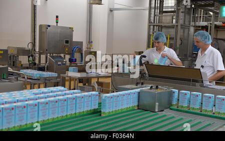 Zeven, Germany. 05th Aug, 2015. Milk cartons for foreign markets are moved by a conveyor belt at a local branch of German milk company Deutscher Milchkontor (DMK) in Zeven, Germany, 05 August 2015. Photo: Carmen Jaspersen/dpa/Alamy Live News Stock Photo