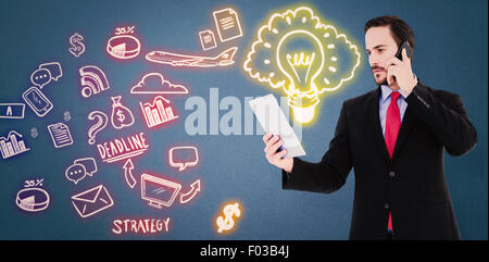Composite image of businessman talking on phone holding tablet pc Stock Photo