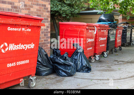 Large Wastecycle wheelie bins and black bags of trade or commercial waste, Nottingham, England, UK Stock Photo