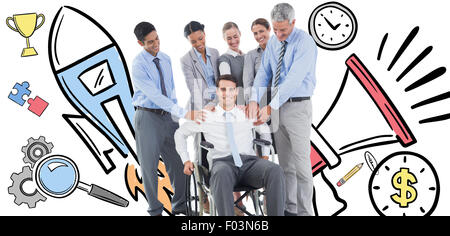 Composite image of business people supporting their colleague in wheelchair Stock Photo