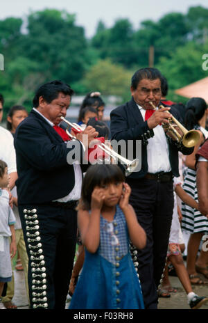 Mariachi (trumpet players) at the Festival of the Birth of the Blessed Virgin Mary, Sotuta, Yucatan, Mexico. Stock Photo