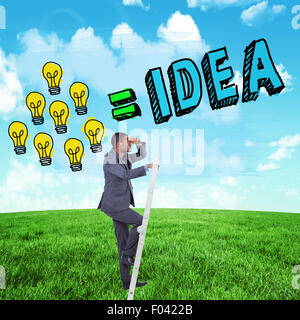 Composite image of businessman standing on ladder looking Stock Photo