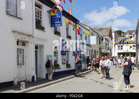 Street Scene Outside of Rick Stein's Cafe on a Sunny Day in Padstow, Cornwall UK Stock Photo