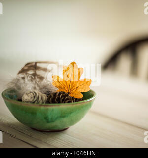 gathered leaf, pinecones and feather in a green bowl on the table, with blurred chair in the background Stock Photo