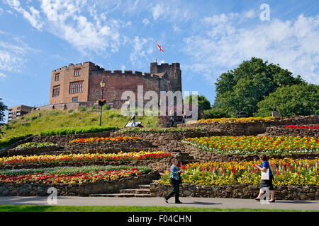 Tamworth Castle and flower beds garden in bloom, Staffordshire Stock Photo