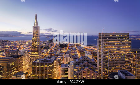 Aerial view of San Francisco cityscape at night with city lights Stock Photo