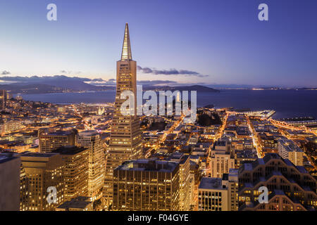 Aerial view of San Francisco cityscape at night with city lights Stock Photo