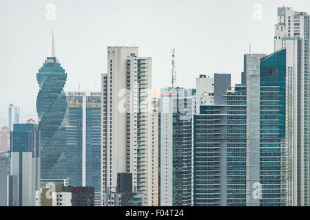 PANAMA CITY, Panama--The skyscrapers of the new Panama City skyline as seed from the top of Ancon Hill. Ancon Hill is only 654-feet high but commands an impressive view out over the new and old sections of Panama City. With views out over both the Pacific Ocean and the entrance to the Panama Canal, the area was historically where the administration of the Panama Canal was centered and now has a mix of high-end residences and government departments. Stock Photo