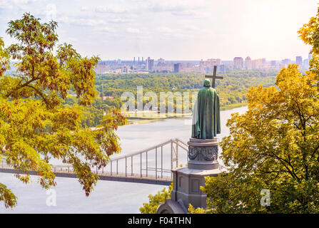 View of the monument of St Vladimir, the Baptist of Russia with the Dnieper river and the city of Kiev in Background Stock Photo