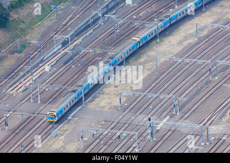 Aerial view of train in motion Stock Photo