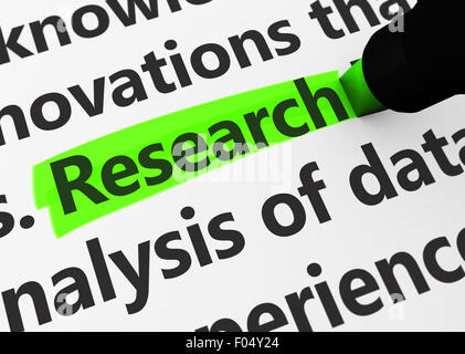 Research concept with a 3d render of related words and research text highlighted with a green marker. Stock Photo