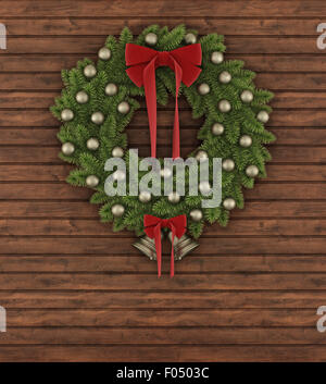 Retro Christmas wreath on a rustic wooden background - 3D Rendering Stock Photo