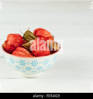 a white bowl with blue pattern on a white blurred background filled with physalis alkekengi Stock Photo