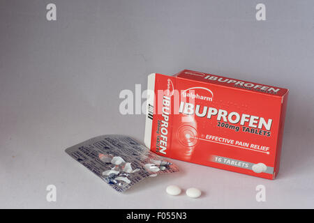 A packet of Galpharm Ibuprofen 200mg tablets against a white background Stock Photo