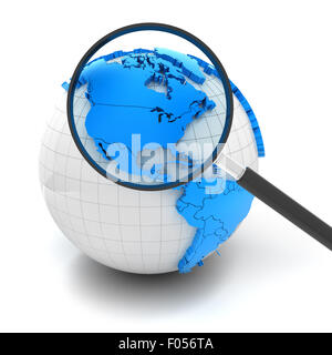 Globe with magnifying glass over north america and USA Stock Photo