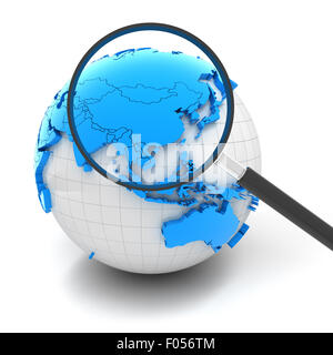 Globe with magnifying glass over China and Asia Stock Photo