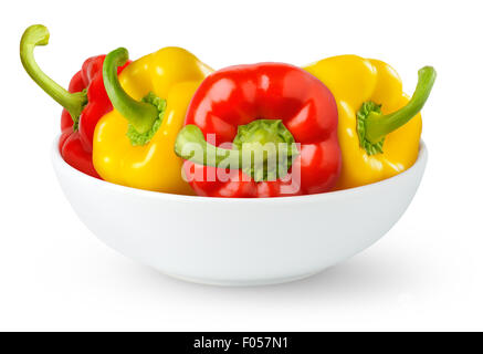 Red and yellow bell peppers in a bowl isolated on white Stock Photo