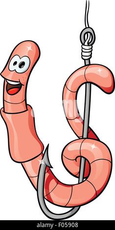Cartoon worm on a hook, vector illustration Stock Vector