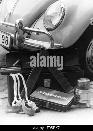 transport / transportation, car, vehicle variants, Volkswagen, VW Beetle, accessories kit for car breakdowns, circa 1970, Additional-Rights-Clearences-Not Available Stock Photo