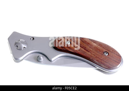 Pocket knife with wood handle isolated on white Stock Photo