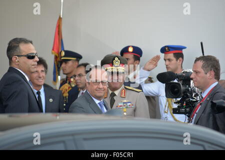 Cairo, Egypt. 6th Aug, 2015. French President Francois Hollande  arrives at the inauguration of the new Suez Canal upgrade, completed after 1 year of non-stop 24/7 work, aiming to increase shipping capacity from from 49 to 97 ships per day, and decreasing waiting times from 24 to 11 hours. Credit:  Barry Iverson/Alamy Live News Stock Photo