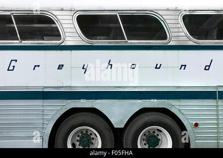 close view of Greyhound bus logo on side of bus in New York City Stock