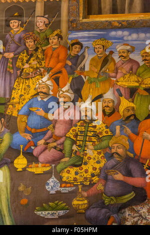 detail of painting of Shah Tahmasp and the Mughal emperor Humayun, Chehel Sutun Palace, Isfahan, Iran Stock Photo