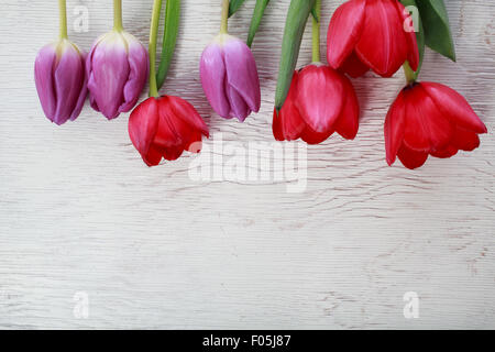 Red and purple tulips on wooden board Stock Photo