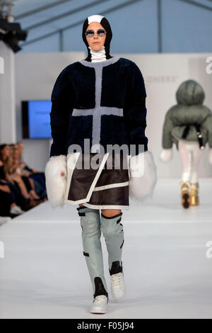 Copenhagen, Denmark, August 7th, 2015. A model walks the runway wearing design by student Mathilde Mathislund (The Royal Danish Academy of Art)   xxxx  during “Designer’s Nest” award show at Copenhagen Fashion Week’s closing day Credit:  OJPHOTOS/Alamy Live News Stock Photo