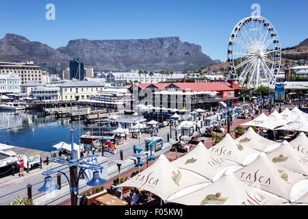 Cape Town South Africa,V & A Victoria Alfred Waterfront,Table Bay Harbour,harbor,Table Mountain,Cape Wheel,Ferris,Cape Union Mart,Tasca de Belem,resta Stock Photo