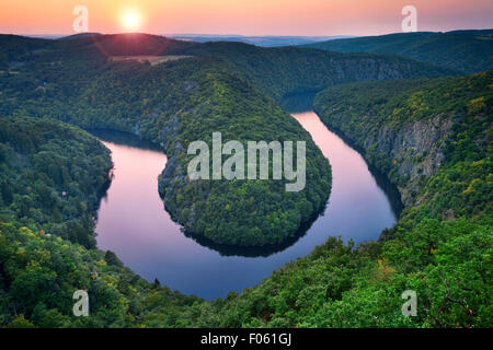 River Bend. Beautiful meander of Vltava river in Czech Republic during summer sunset. Stock Photo