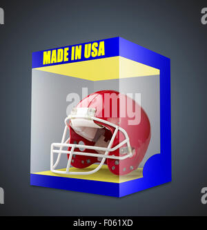 Red American football helmet in transparent box on gray gradient background Stock Photo
